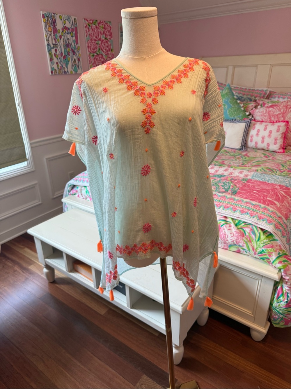 Lilly Pulitzer Light Blue Swim Coverup/Top with Orange Embroidery and Tassels